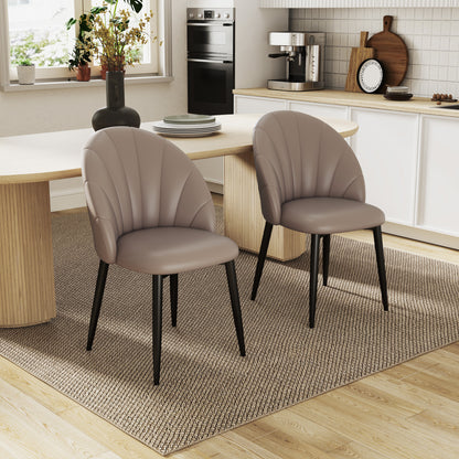 Set of 2 Dining Room Chairs, Modern Kitchen Chairs with Shell Back and Metal Legs, PU Upholstered Chair for Kitchen, Bedroom, Office, and Living Room, Brown
