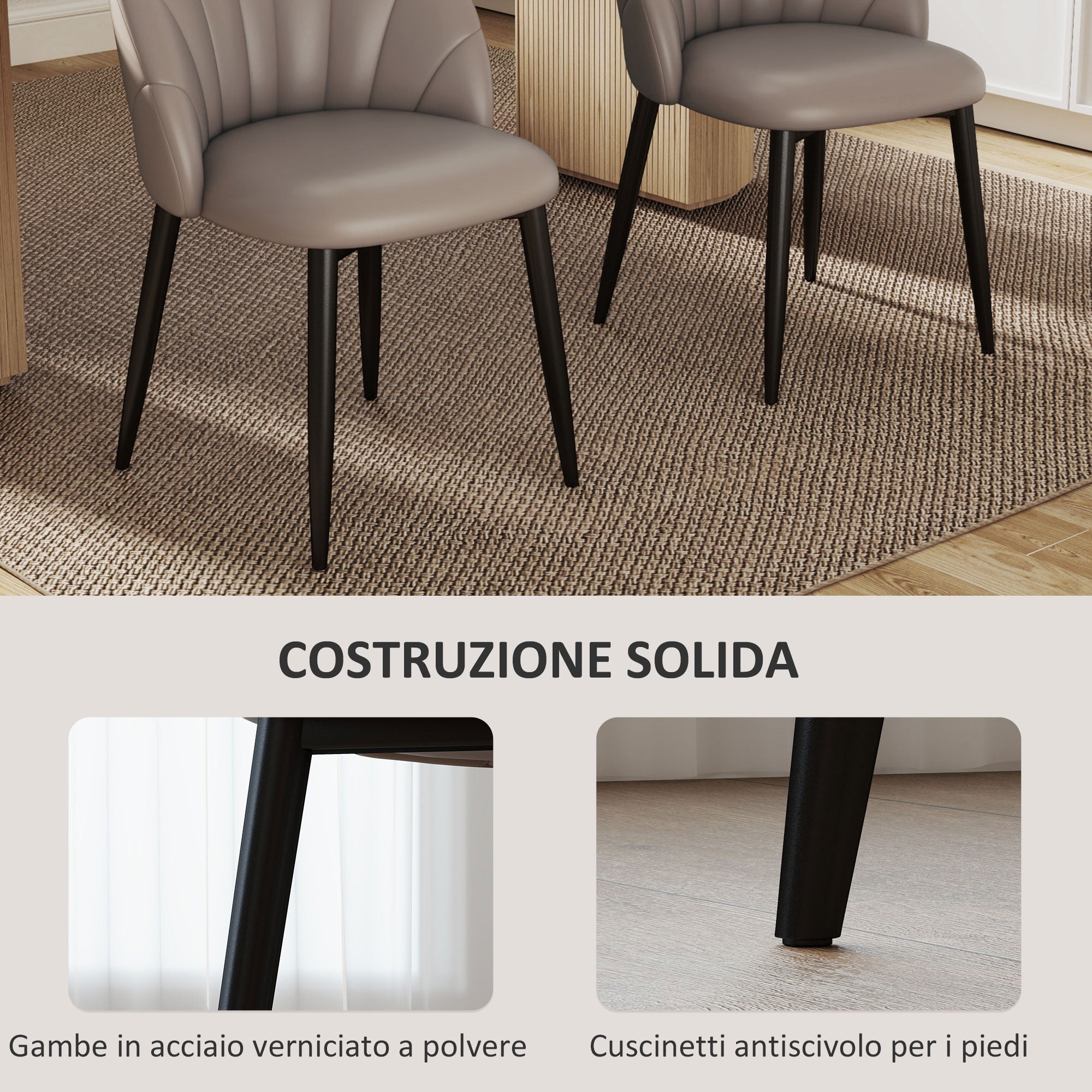 Set of 2 Dining Room Chairs, Modern Kitchen Chairs with Shell Back and Metal Legs, PU Upholstered Chair for Kitchen, Bedroom, Office, and Living Room, Brown
