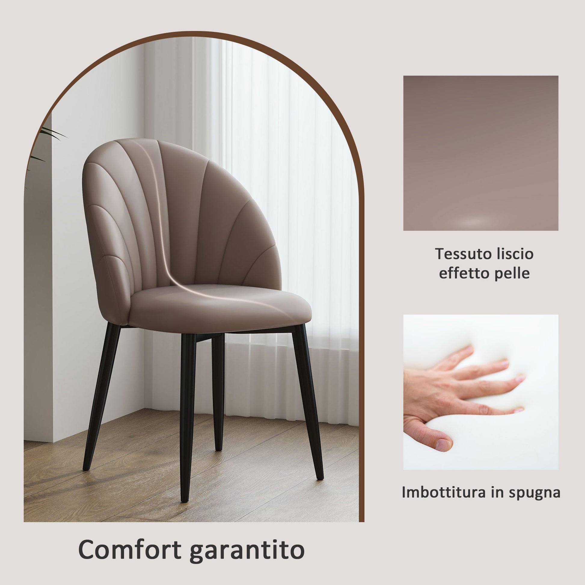 Set of 2 Dining Room Chairs, Modern Kitchen Chairs with Shell Back and Metal Legs, PU Upholstered Chair for Kitchen, Bedroom, Office, and Living Room, Brown