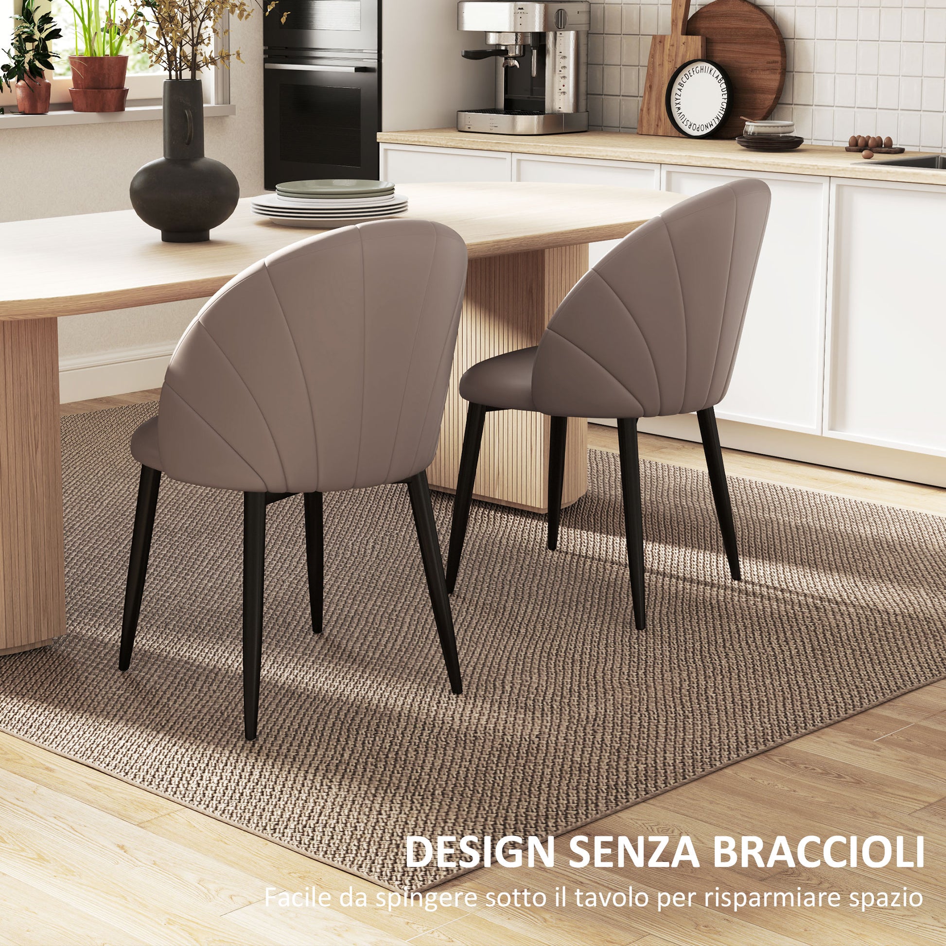 Set of 2 Dining Room Chairs, Modern Kitchen Chairs with Shell Back and Metal Legs, PU Upholstered Chair for Kitchen, Bedroom, Office, and Living Room, Brown