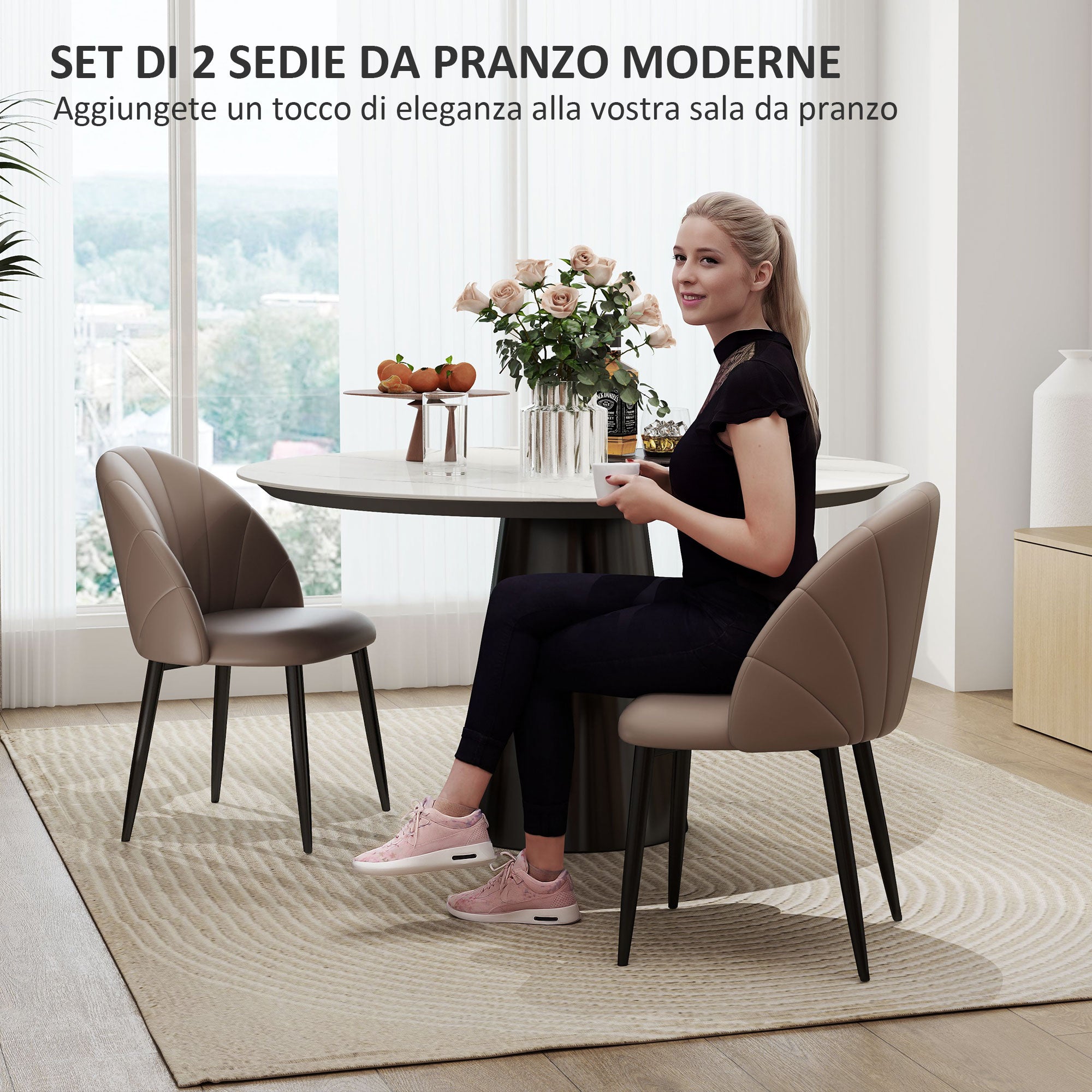 Set of 2 Dining Room Chairs, Modern Kitchen Chairs with Shell Back and Metal Legs, PU Upholstered Chair for Kitchen, Bedroom, Office, and Living Room, Brown