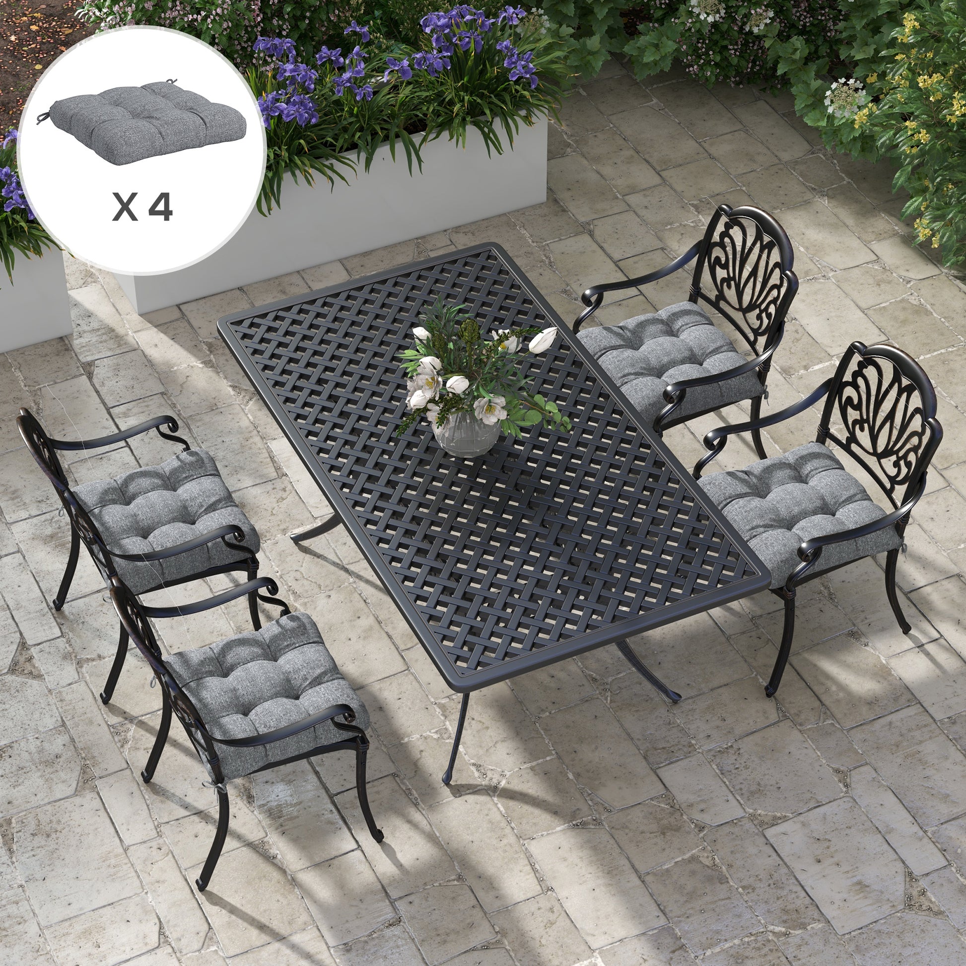 Dining Chair Cushion Set 48x48x10 cm Set of 4 Waterproof and Anti-UV Garden Chair Cushions with 2 Gray Fixing Cords