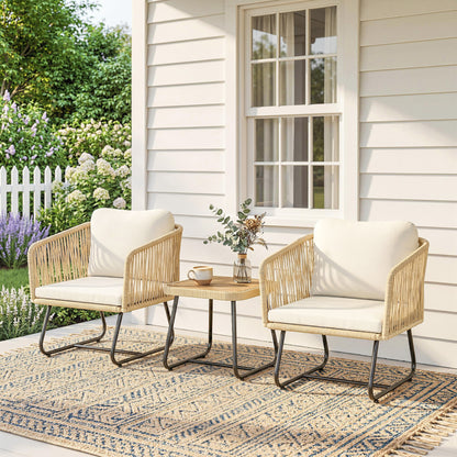 3-Piece Rattan Bistro Set with Acacia Slatted Table & 2 Padded Chairs, Cream White