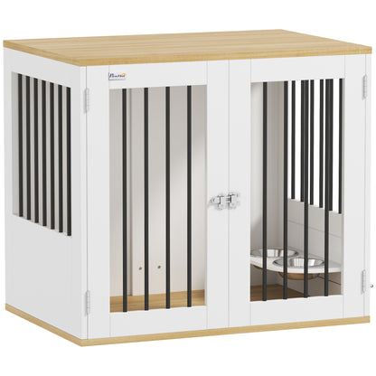 Medium Dog Crate 2-in-1 Side Table with 2 Doors with Latch 360° Swivel Feeder 2 Bowls and Anti-Slip Pads 80x55x71.5 cm White