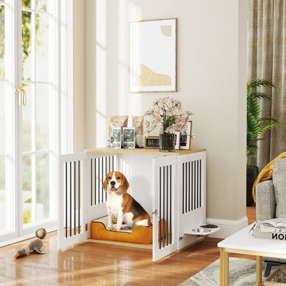 Medium Dog Crate 2-in-1 Side Table with 2 Doors with Latch 360° Swivel Feeder 2 Bowls and Anti-Slip Pads 80x55x71.5 cm White