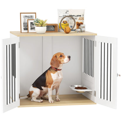 Medium Dog Crate 2-in-1 Side Table with 2 Doors with Latch 360° Swivel Feeder 2 Bowls and Anti-Slip Pads 80x55x71.5 cm White