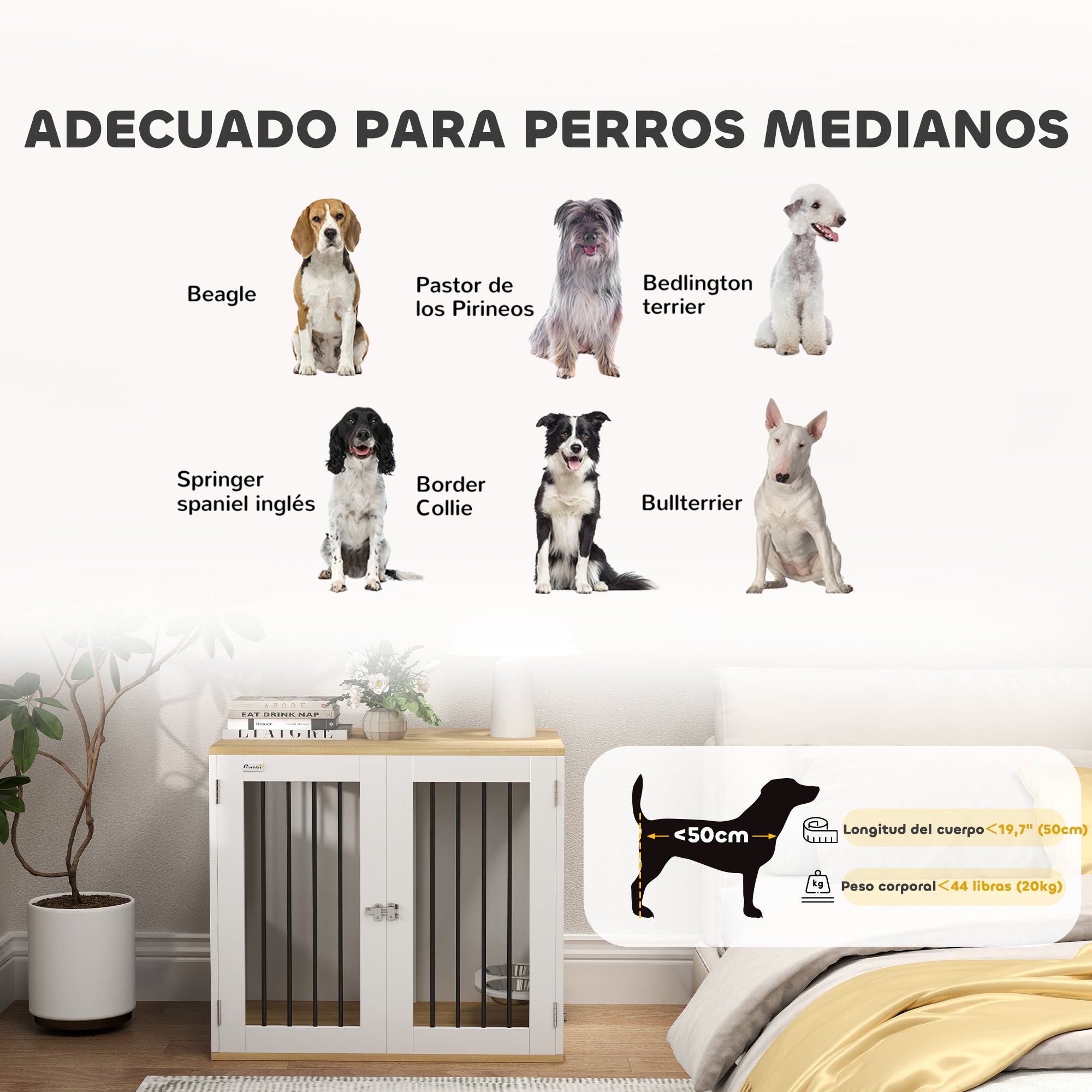 Medium Dog Crate 2-in-1 Side Table with 2 Doors with Latch 360° Swivel Feeder 2 Bowls and Anti-Slip Pads 80x55x71.5 cm White