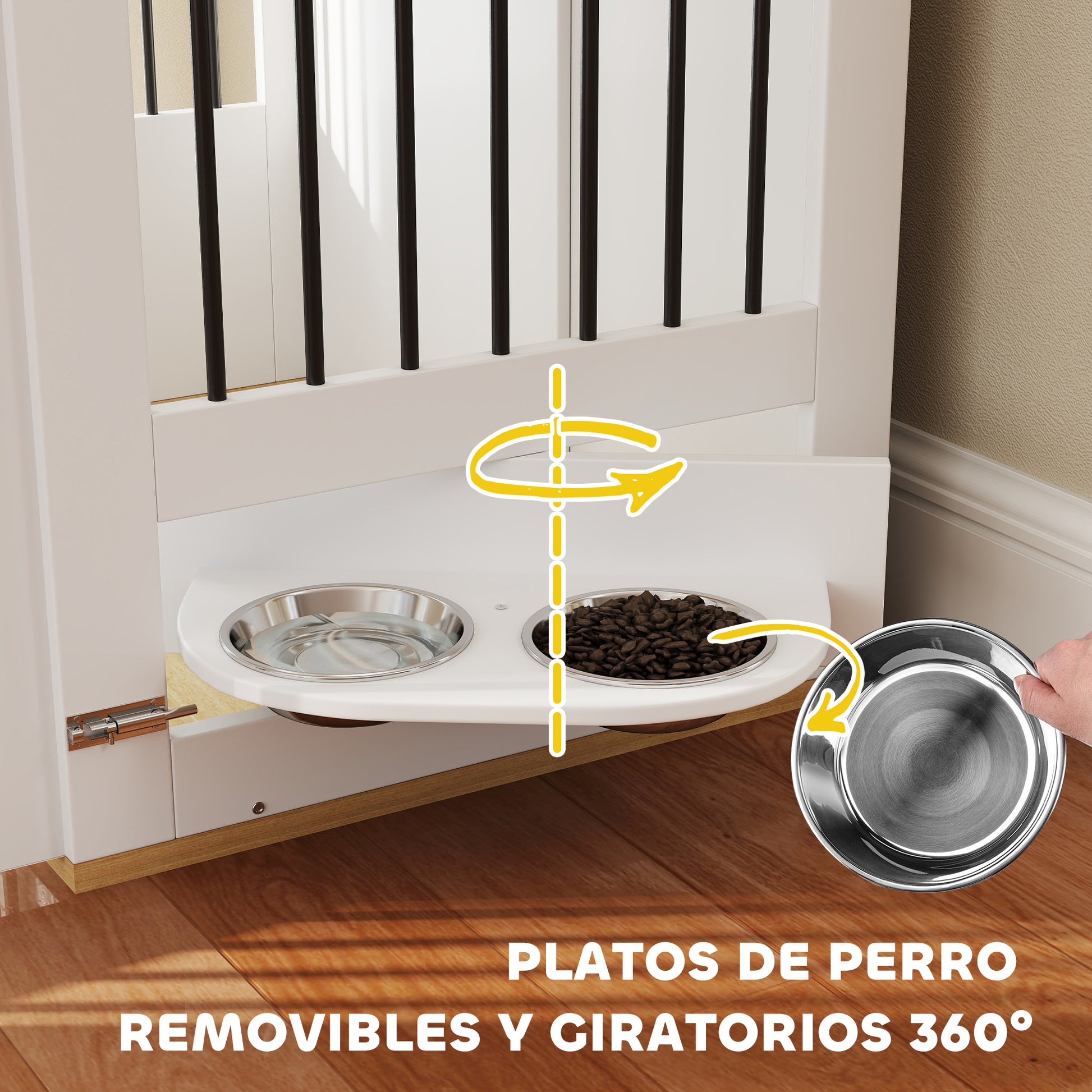 Medium Dog Crate 2-in-1 Side Table with 2 Doors with Latch 360° Swivel Feeder 2 Bowls and Anti-Slip Pads 80x55x71.5 cm White
