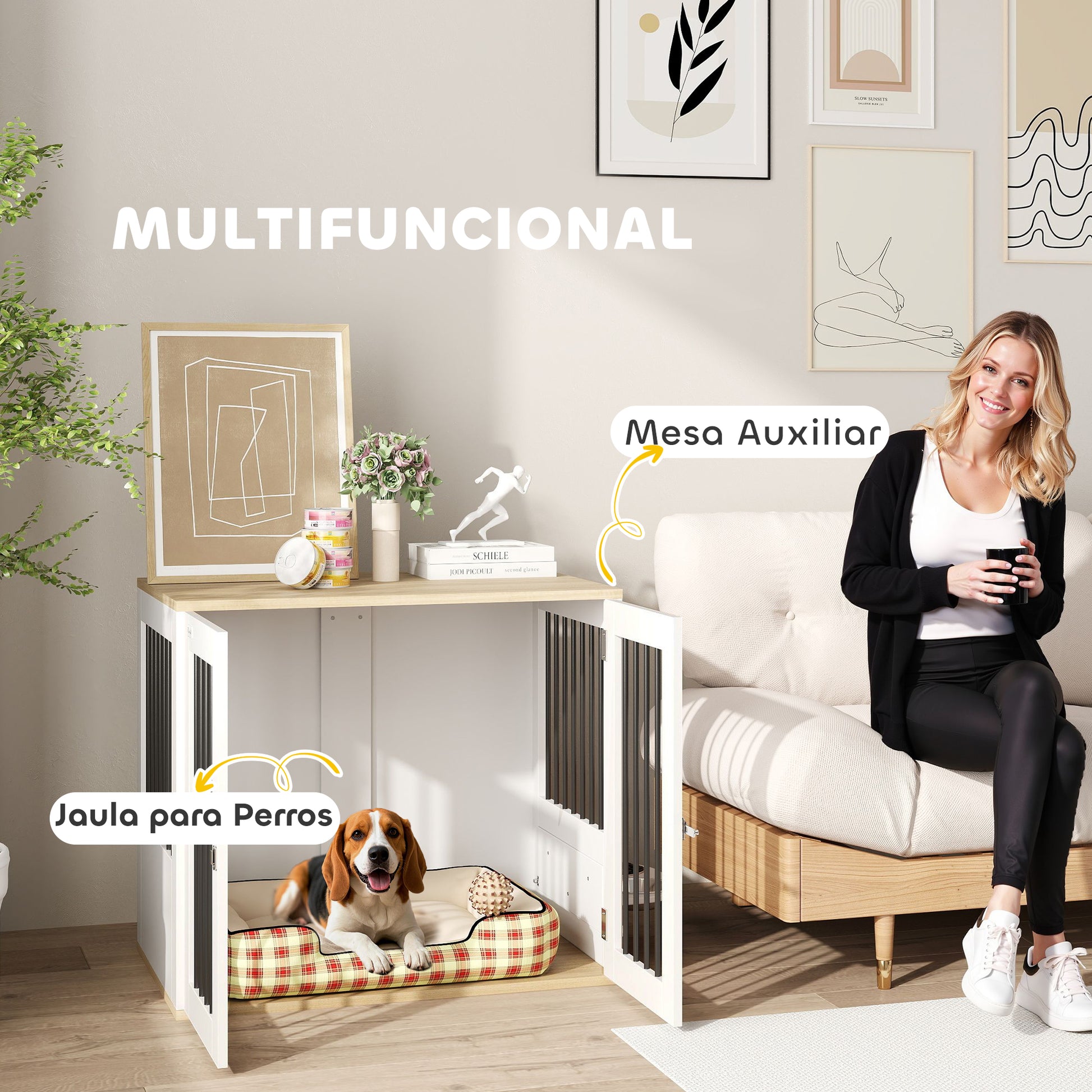 Medium Dog Crate 2-in-1 Side Table with 2 Doors with Latch 360° Swivel Feeder 2 Bowls and Anti-Slip Pads 80x55x71.5 cm White