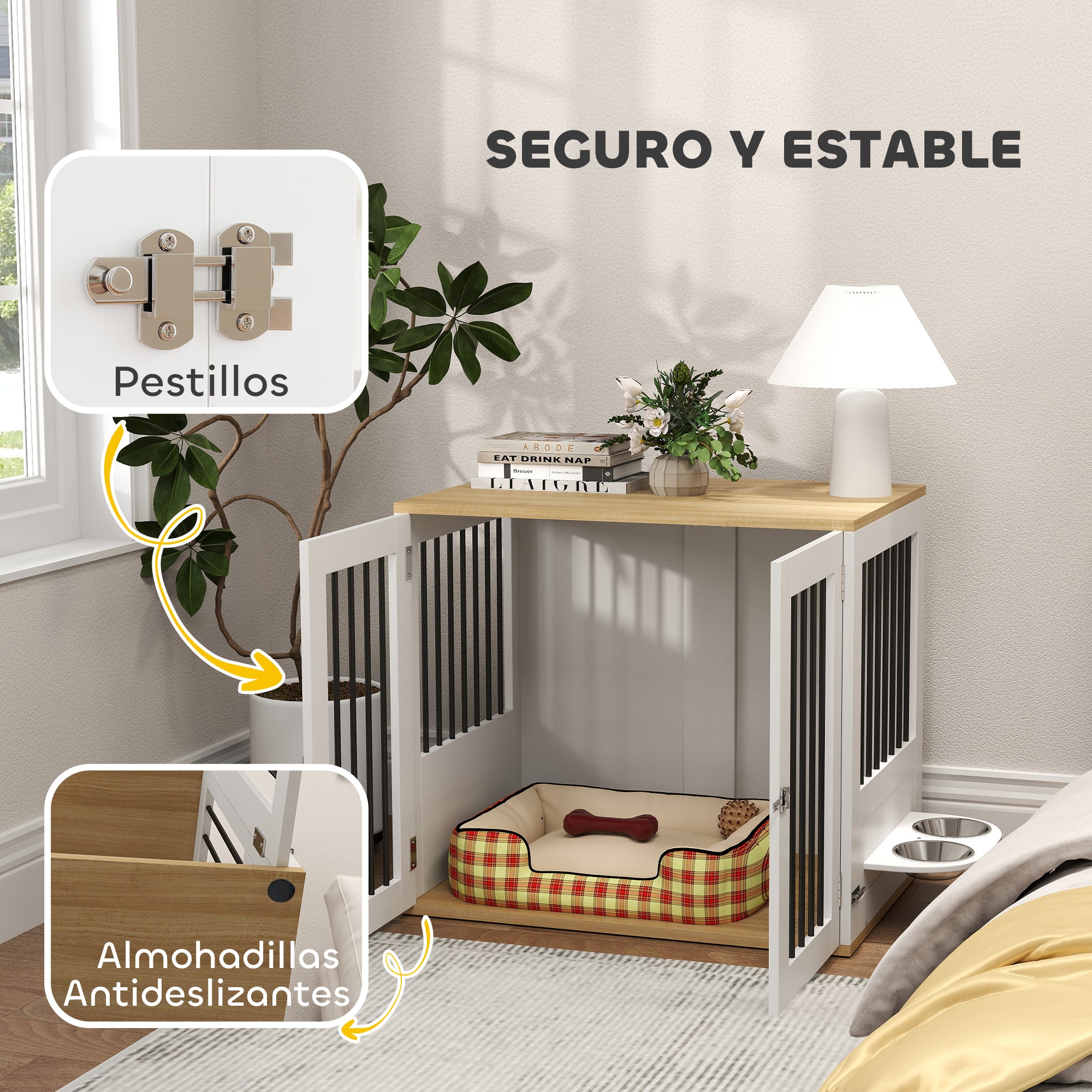 Medium Dog Crate 2-in-1 Side Table with 2 Doors with Latch 360° Swivel Feeder 2 Bowls and Anti-Slip Pads 80x55x71.5 cm White