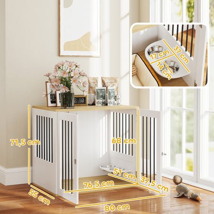 Medium Dog Crate 2-in-1 Side Table with 2 Doors with Latch 360° Swivel Feeder 2 Bowls and Anti-Slip Pads 80x55x71.5 cm White