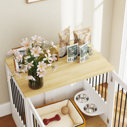 Medium Dog Crate 2-in-1 Side Table with 2 Doors with Latch 360° Swivel Feeder 2 Bowls and Anti-Slip Pads 80x55x71.5 cm White