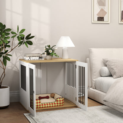 Medium Dog Crate 2-in-1 Side Table with 2 Doors with Latch 360° Swivel Feeder 2 Bowls and Anti-Slip Pads 80x55x71.5 cm White
