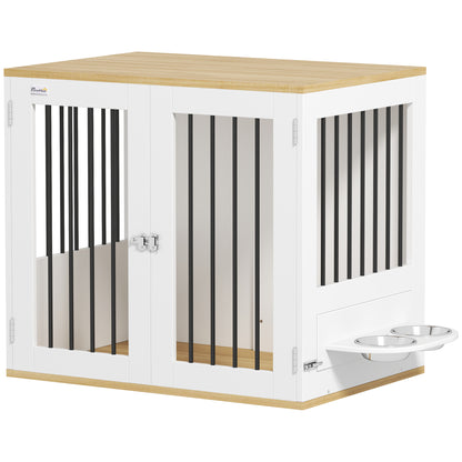 Medium Dog Crate 2-in-1 Side Table with 2 Doors with Latch 360° Swivel Feeder 2 Bowls and Anti-Slip Pads 80x55x71.5 cm White