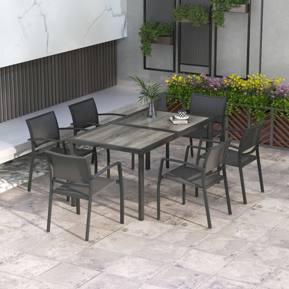 Steel Garden Set 7 Pieces Dining Set with 1 Table and 6 Stackable Metal Epoxy Textilene Dark Gray Chairs