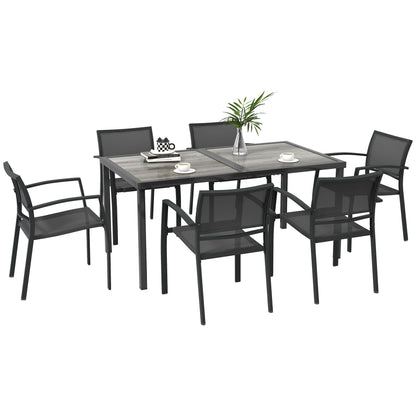 Steel Garden Set 7 Pieces Dining Set with 1 Table and 6 Stackable Metal Epoxy Textilene Dark Gray Chairs