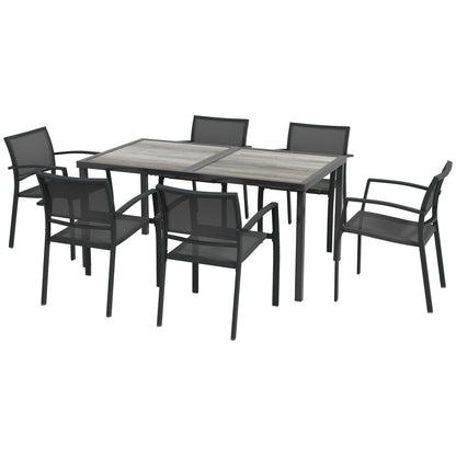 Steel Garden Set 7 Pieces Dining Set with 1 Table and 6 Stackable Metal Epoxy Textilene Dark Gray Chairs