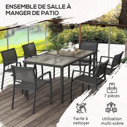 Steel Garden Set 7 Pieces Dining Set with 1 Table and 6 Stackable Metal Epoxy Textilene Dark Gray Chairs