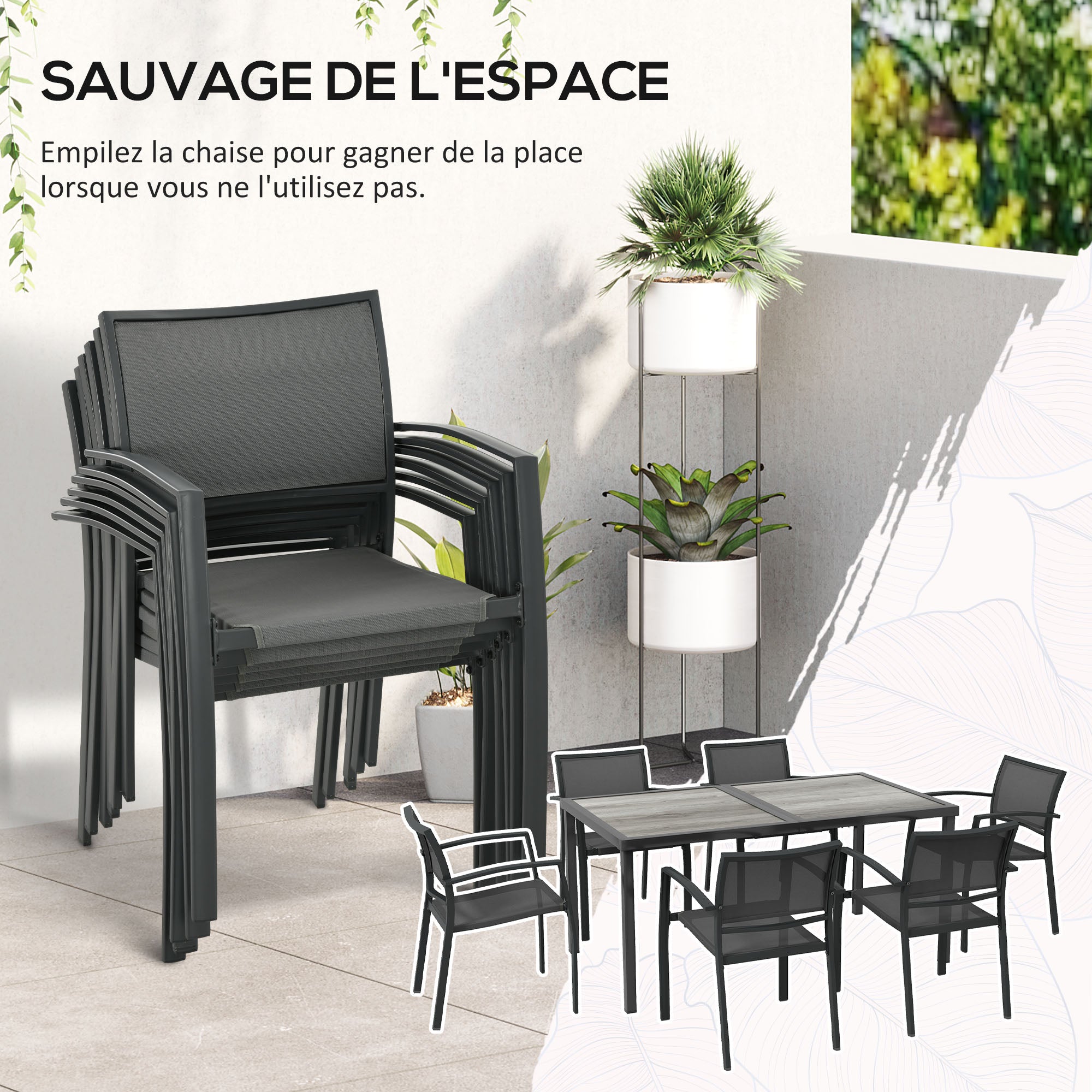 Steel Garden Set 7 Pieces Dining Set with 1 Table and 6 Stackable Metal Epoxy Textilene Dark Gray Chairs