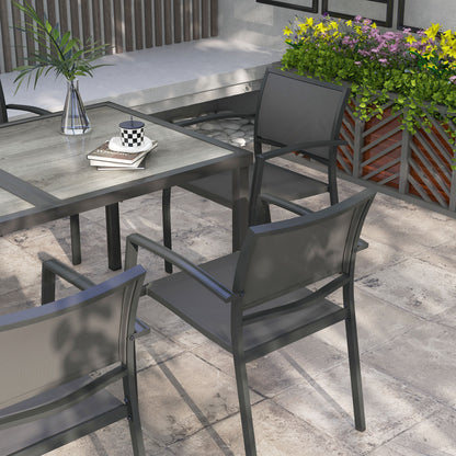 Steel Garden Set 7 Pieces Dining Set with 1 Table and 6 Stackable Metal Epoxy Textilene Dark Gray Chairs