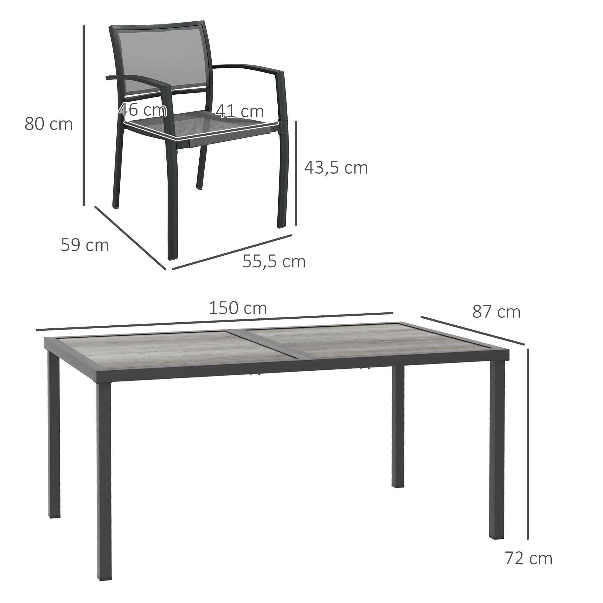Steel Garden Set 7 Pieces Dining Set with 1 Table and 6 Stackable Metal Epoxy Textilene Dark Gray Chairs