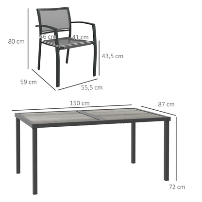 Steel Garden Set 7 Pieces Dining Set with 1 Table and 6 Stackable Metal Epoxy Textilene Dark Gray Chairs