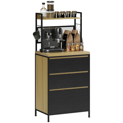 Kitchen Cabinet Buffet Storage Cabinet Industrial Style with 3 Drawers, Countertop, Shelf, and 4 Hooks, Microwave Cabinet for Dining Room, Living Room, 60x40x132cm, Natural Wood