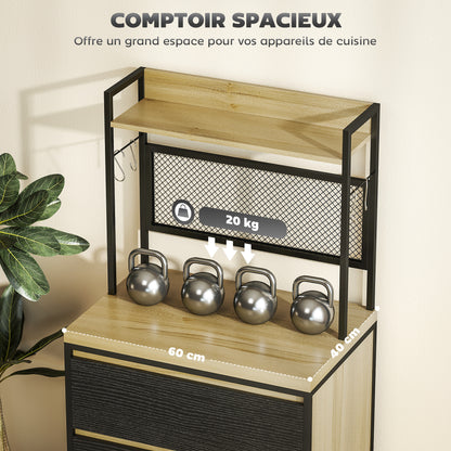 Kitchen Cabinet Buffet Storage Cabinet Industrial Style with 3 Drawers, Countertop, Shelf, and 4 Hooks, Microwave Cabinet for Dining Room, Living Room, 60x40x132cm, Natural Wood