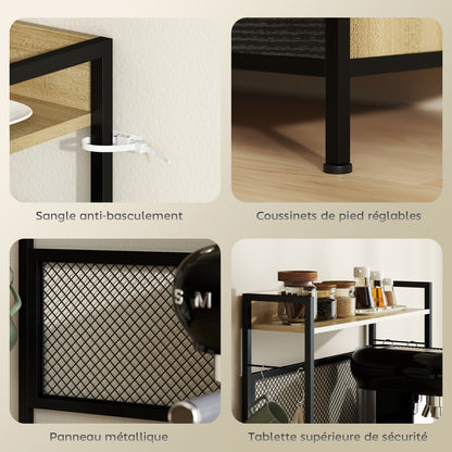 Kitchen Cabinet Buffet Storage Cabinet Industrial Style with 3 Drawers, Countertop, Shelf, and 4 Hooks, Microwave Cabinet for Dining Room, Living Room, 60x40x132cm, Natural Wood