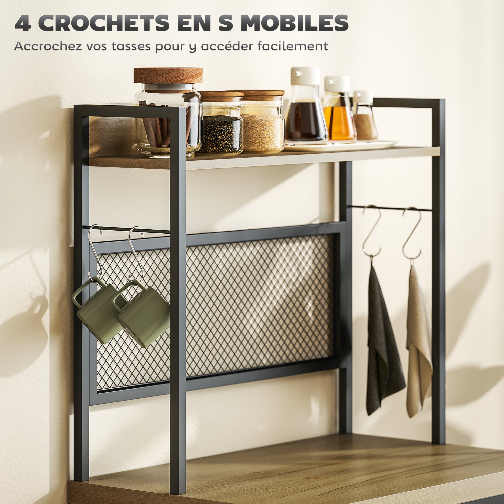 Kitchen Cabinet Buffet Storage Cabinet Industrial Style with 3 Drawers, Countertop, Shelf, and 4 Hooks, Microwave Cabinet for Dining Room, Living Room, 60x40x132cm, Natural Wood