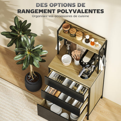 Kitchen Cabinet Buffet Storage Cabinet Industrial Style with 3 Drawers, Countertop, Shelf, and 4 Hooks, Microwave Cabinet for Dining Room, Living Room, 60x40x132cm, Natural Wood