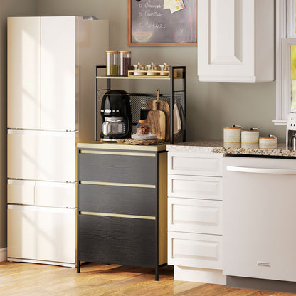 Kitchen Cabinet Buffet Storage Cabinet Industrial Style with 3 Drawers, Countertop, Shelf, and 4 Hooks, Microwave Cabinet for Dining Room, Living Room, 60x40x132cm, Natural Wood