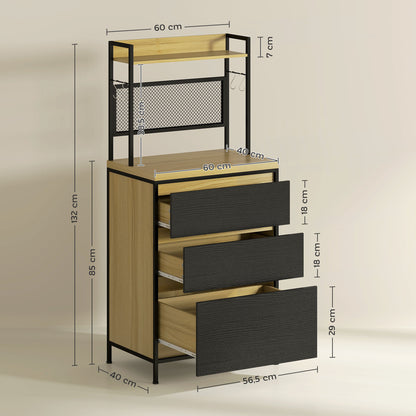 Kitchen Cabinet Buffet Storage Cabinet Industrial Style with 3 Drawers, Countertop, Shelf, and 4 Hooks, Microwave Cabinet for Dining Room, Living Room, 60x40x132cm, Natural Wood