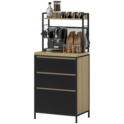 Kitchen Cabinet Buffet Storage Cabinet Industrial Style with 3 Drawers, Countertop, Shelf, and 4 Hooks, Microwave Cabinet for Dining Room, Living Room, 60x40x132cm, Natural Wood