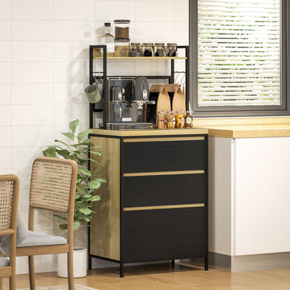 Kitchen Cabinet Buffet Storage Cabinet Industrial Style with 3 Drawers, Countertop, Shelf, and 4 Hooks, Microwave Cabinet for Dining Room, Living Room, 60x40x132cm, Natural Wood