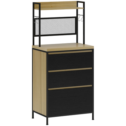 Kitchen Cabinet Buffet Storage Cabinet Industrial Style with 3 Drawers, Countertop, Shelf, and 4 Hooks, Microwave Cabinet for Dining Room, Living Room, 60x40x132cm, Natural Wood