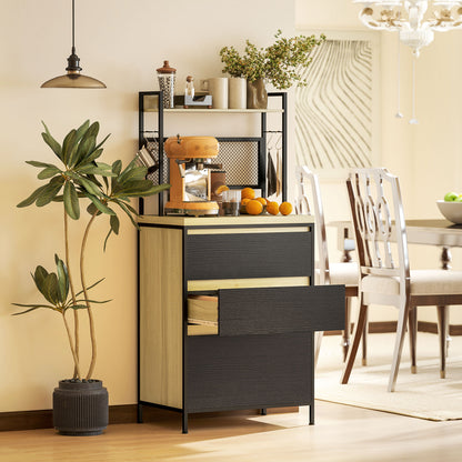 Kitchen Cabinet Buffet Storage Cabinet Industrial Style with 3 Drawers, Countertop, Shelf, and 4 Hooks, Microwave Cabinet for Dining Room, Living Room, 60x40x132cm, Natural Wood