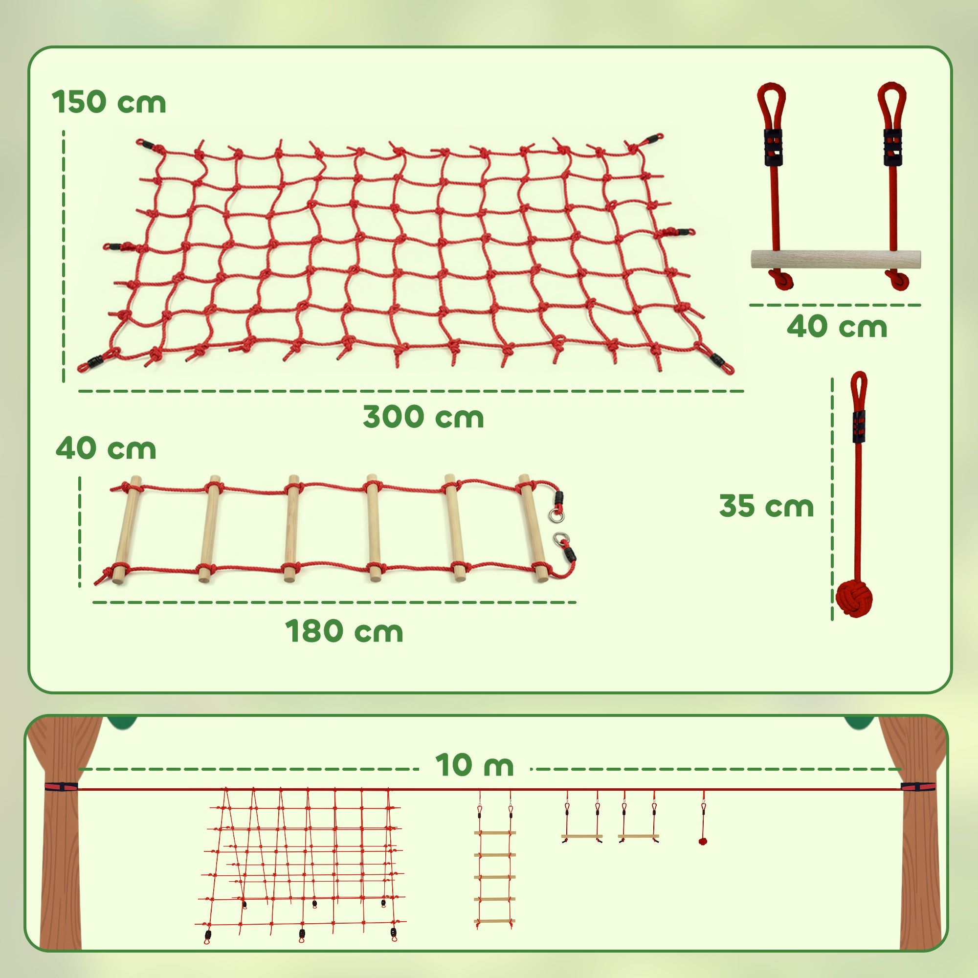 Ninja Line Kids 33 ft (10 m) Slackline Play Set — Rings, Swing, Ladder & Climbing Net — Outdoor Playset for Ages 3–6, Red
