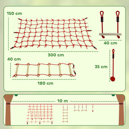 Ninja Line Kids 33 ft (10 m) Slackline Play Set — Rings, Swing, Ladder & Climbing Net — Outdoor Playset for Ages 3–6, Red