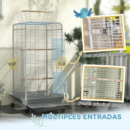 Bird Cage Parrot Cage with Wheels Perches Feeders and Removable Tray Birdhouse for Cockatoos Parrots 79x73x146 cm Light Gray
