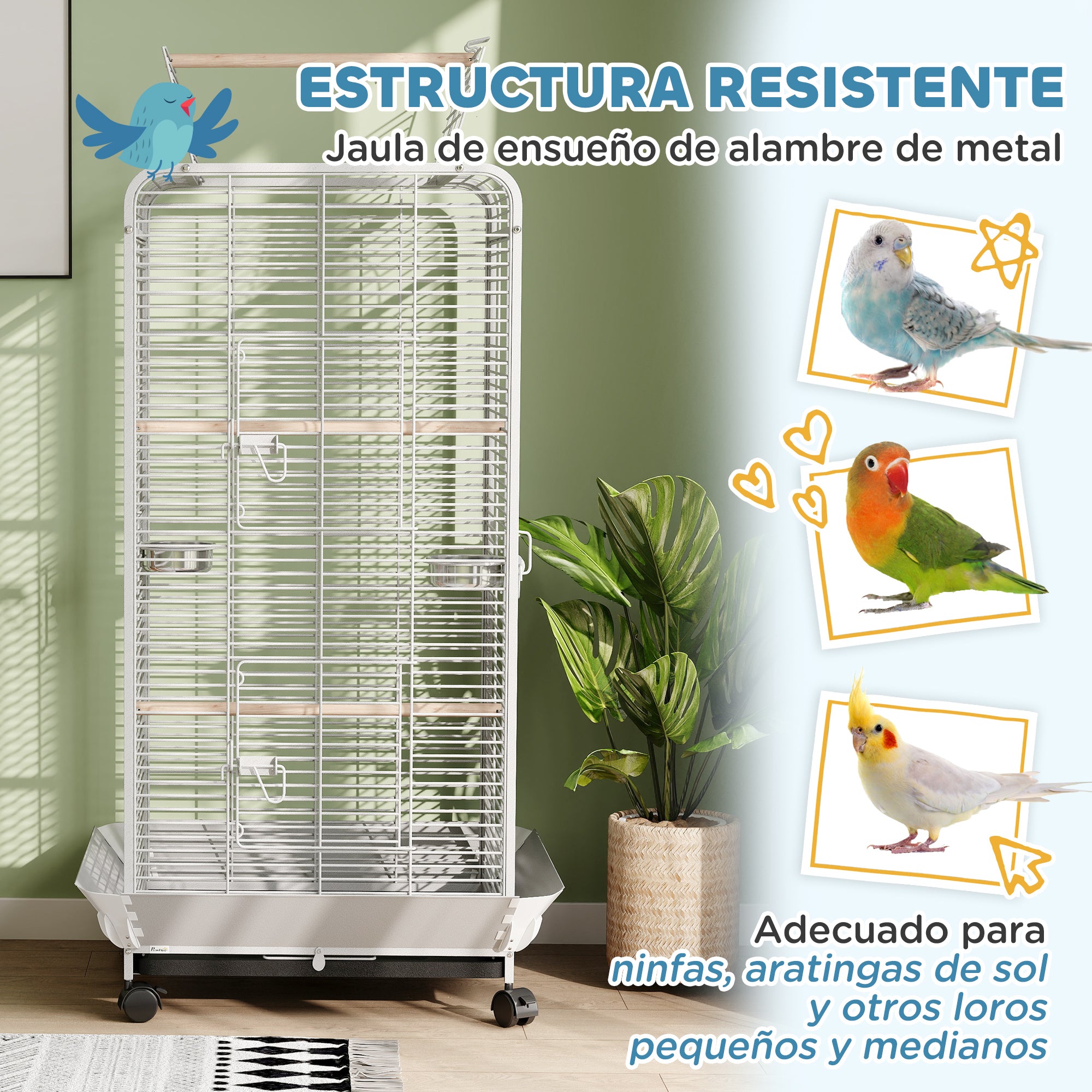 Bird Cage Parrot Cage with Wheels Perches Feeders and Removable Tray Birdhouse for Cockatoos Parrots 79x73x146 cm Light Gray