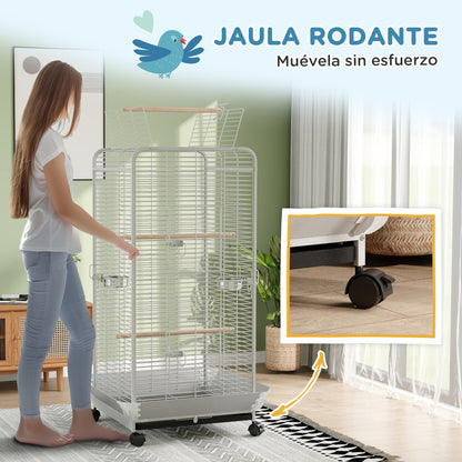 Bird Cage Parrot Cage with Wheels Perches Feeders and Removable Tray Birdhouse for Cockatoos Parrots 79x73x146 cm Light Gray
