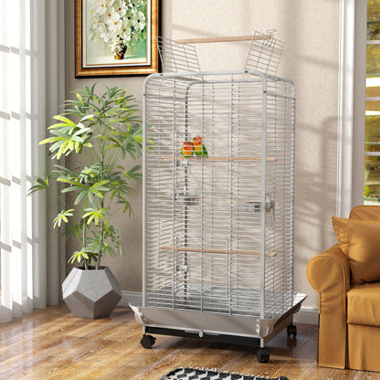 Bird Cage Parrot Cage with Wheels Perches Feeders and Removable Tray Birdhouse for Cockatoos Parrots 79x73x146 cm Light Gray