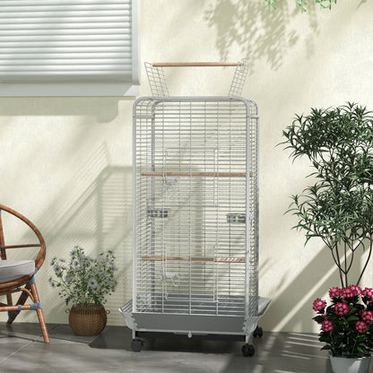 Bird Cage Parrot Cage with Wheels Perches Feeders and Removable Tray Birdhouse for Cockatoos Parrots 79x73x146 cm Light Gray