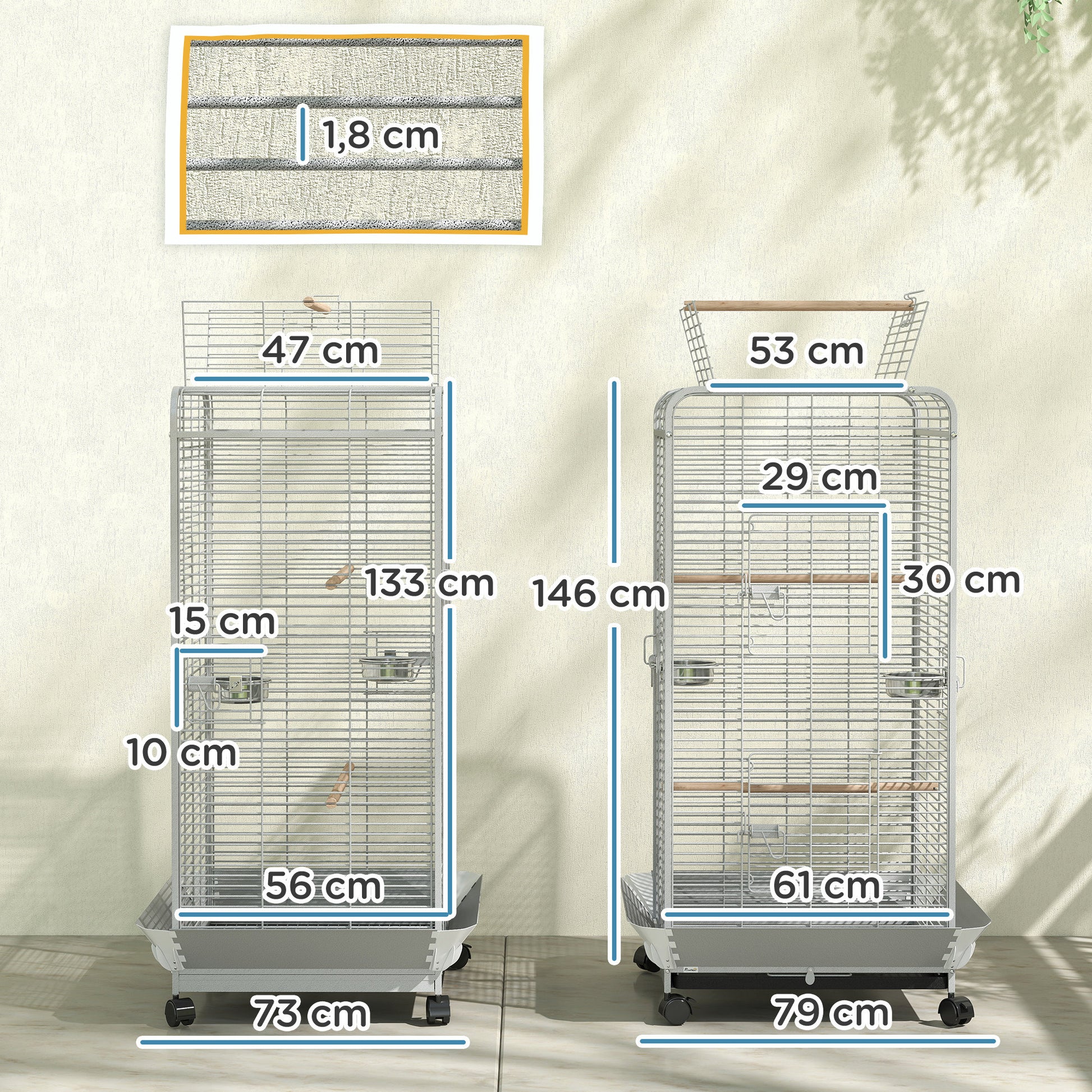 Bird Cage Parrot Cage with Wheels Perches Feeders and Removable Tray Birdhouse for Cockatoos Parrots 79x73x146 cm Light Gray