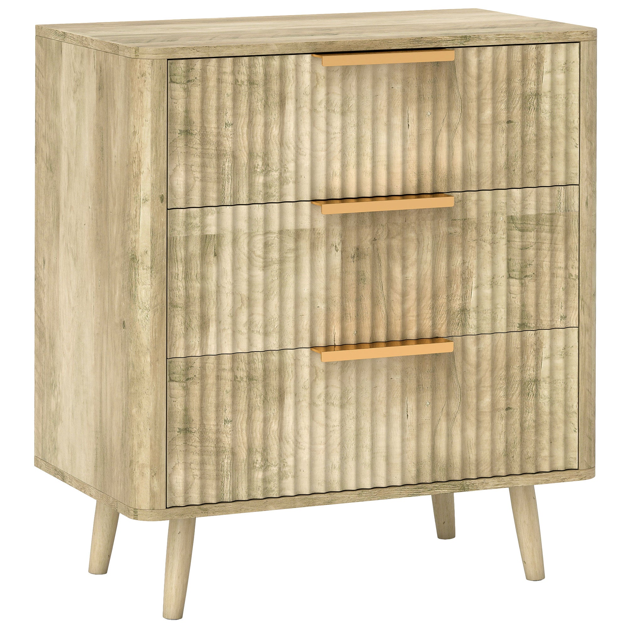 3-Drawer Dresser Scandinavian Style Storage Unit with Pine Handles and Legs, Fluted Wood Effect, Bedroom Dresser, Living Room, Hallway - 68.3 x 40 x 76 cm, Oak