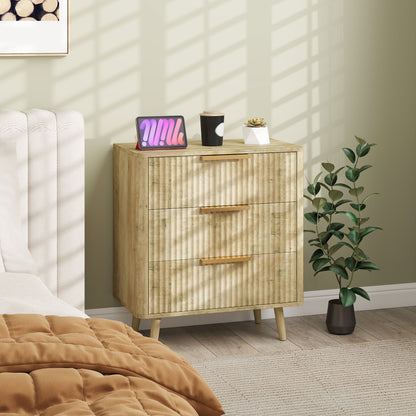 3-Drawer Dresser Scandinavian Style Storage Unit with Pine Handles and Legs, Fluted Wood Effect, Bedroom Dresser, Living Room, Hallway - 68.3 x 40 x 76 cm, Oak