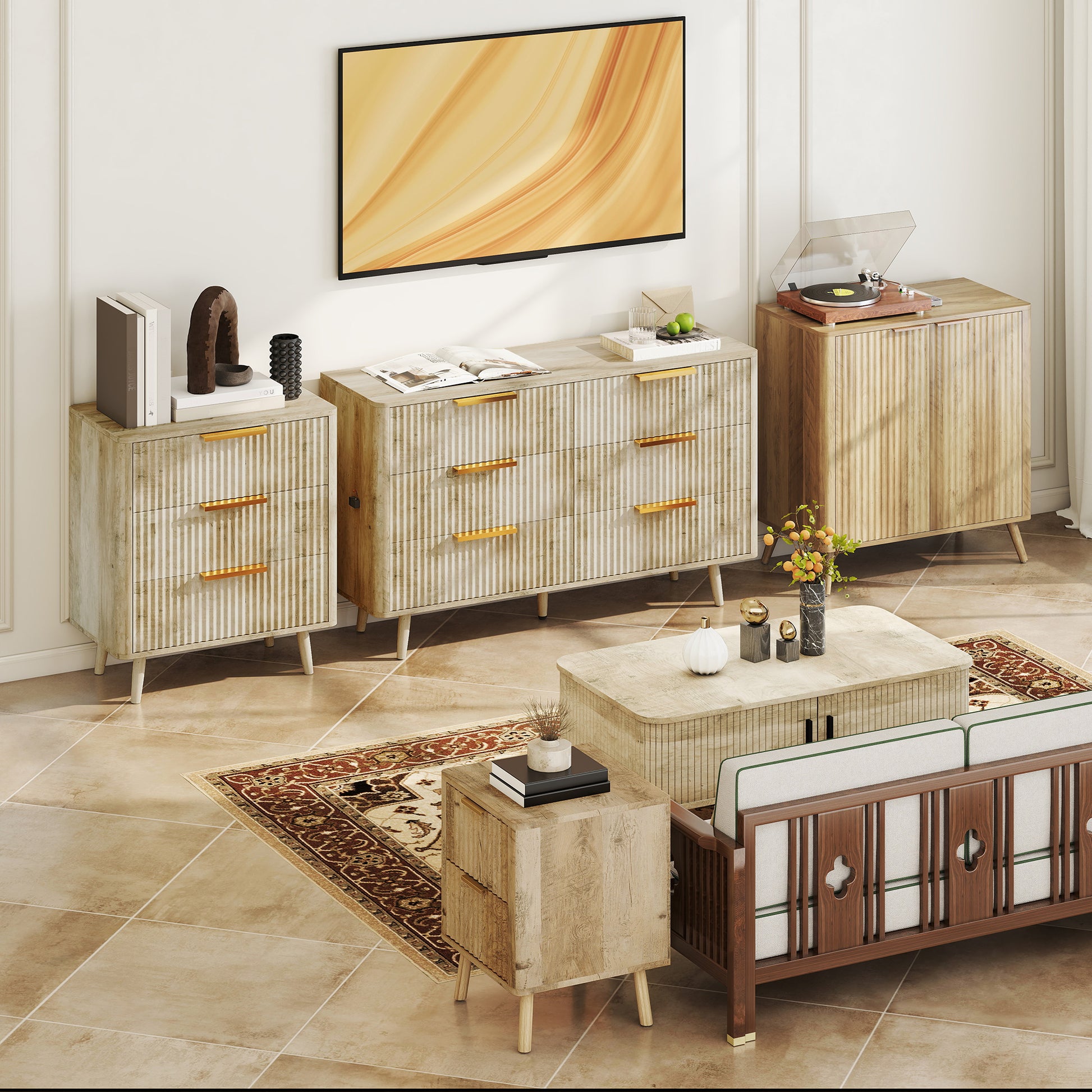 3-Drawer Dresser Scandinavian Style Storage Unit with Pine Handles and Legs, Fluted Wood Effect, Bedroom Dresser, Living Room, Hallway - 68.3 x 40 x 76 cm, Oak