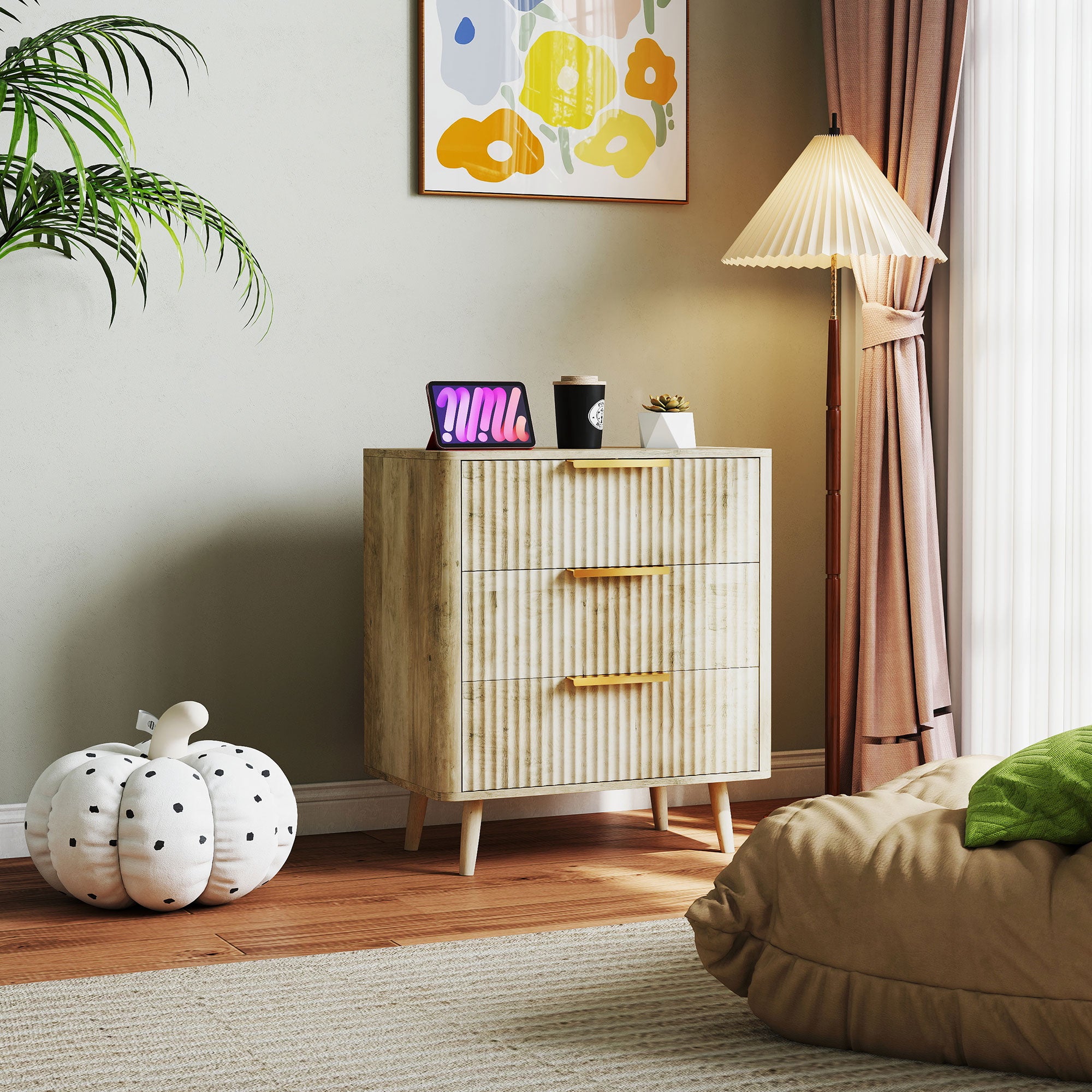 3-Drawer Dresser Scandinavian Style Storage Unit with Pine Handles and Legs, Fluted Wood Effect, Bedroom Dresser, Living Room, Hallway - 68.3 x 40 x 76 cm, Oak