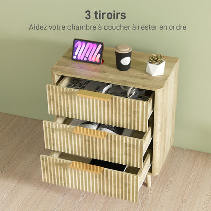 3-Drawer Dresser Scandinavian Style Storage Unit with Pine Handles and Legs, Fluted Wood Effect, Bedroom Dresser, Living Room, Hallway - 68.3 x 40 x 76 cm, Oak